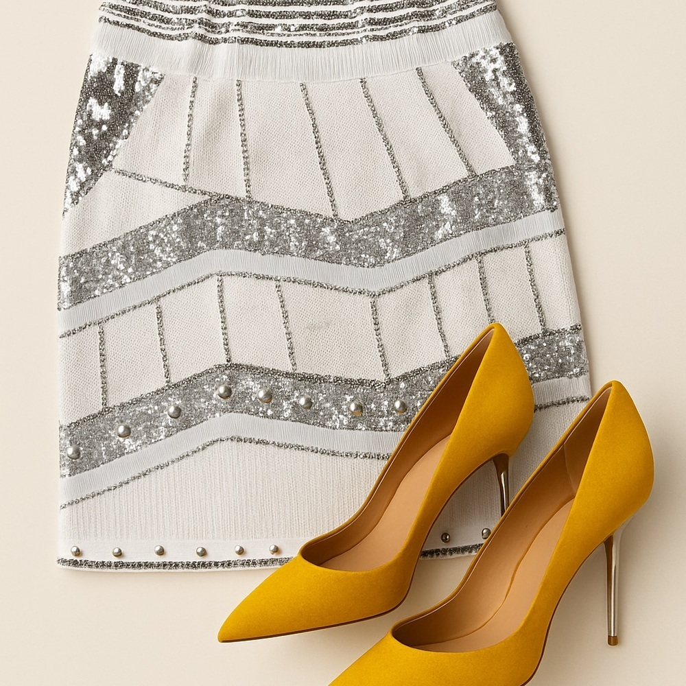 Silver & White Fully Embellished Sequin Skirt | M/L (25.5” Length)